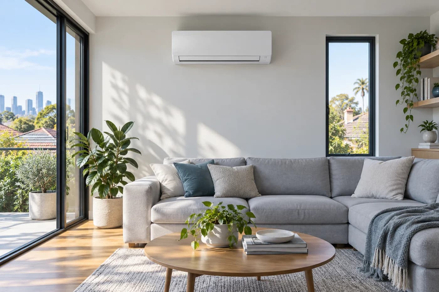 Compact bright living room with an unbranded wall split-system unit above a clear wall area, calm everyday interior